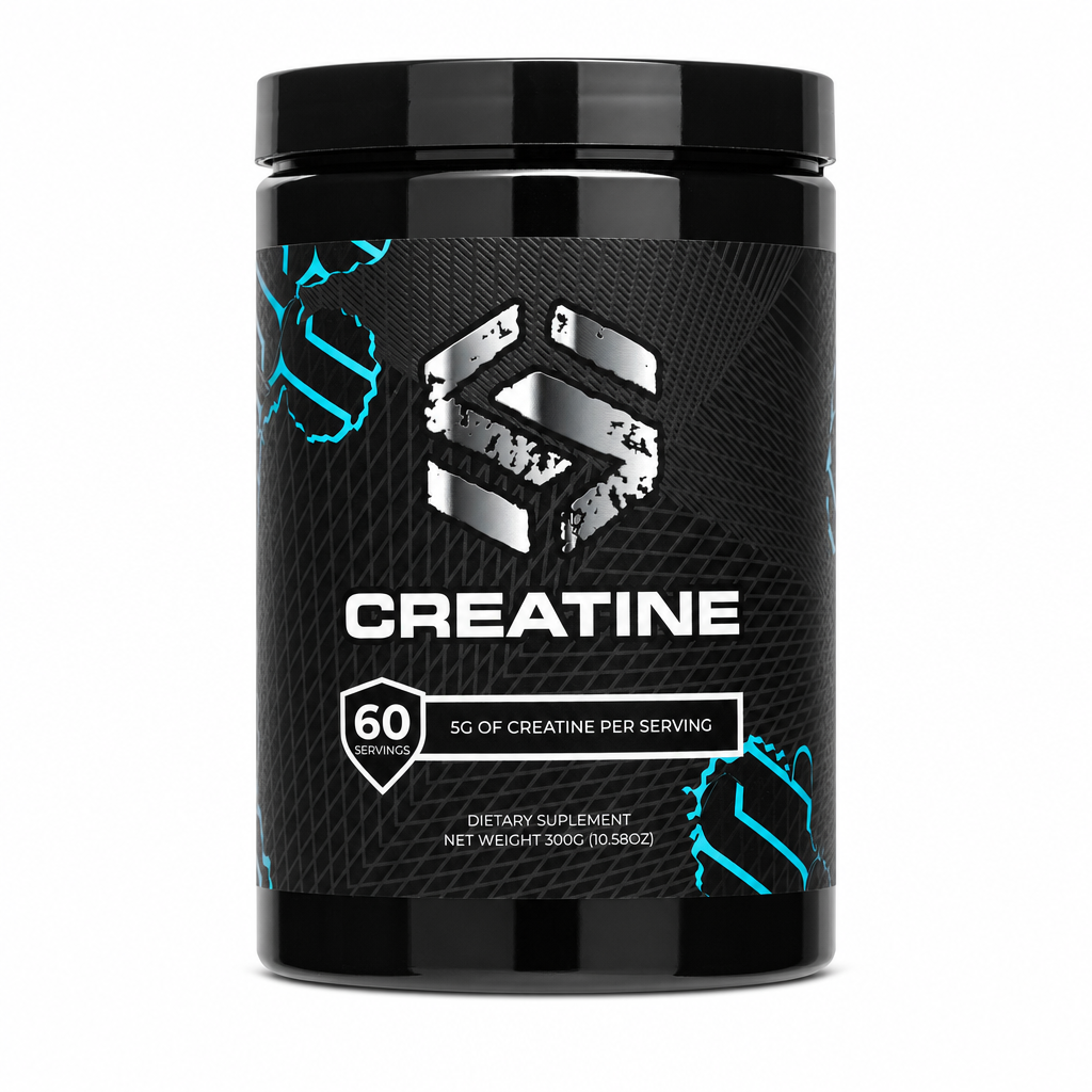 Packshot frontal del tarro de creatina monohidratada Stride 300 g sobre fondo blanco