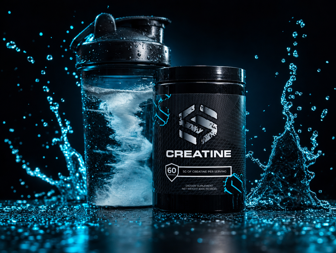 Shaker con agua y tarro de creatina Stride entre salpicaduras
