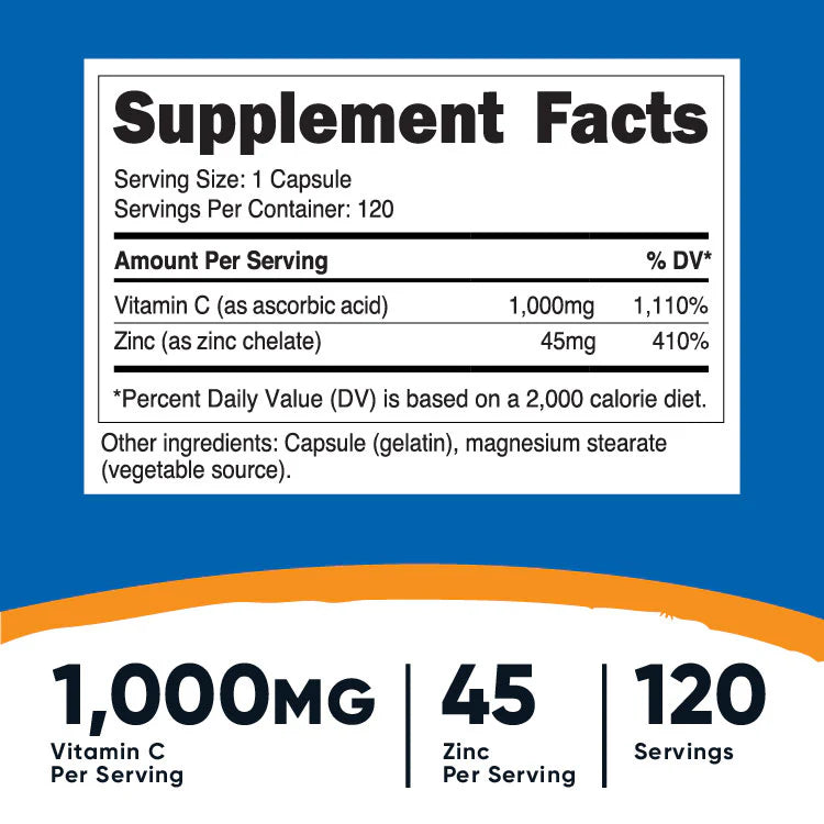 VITAMINA C + ZINC 1000MG /45 SERV. NUTRICOST
