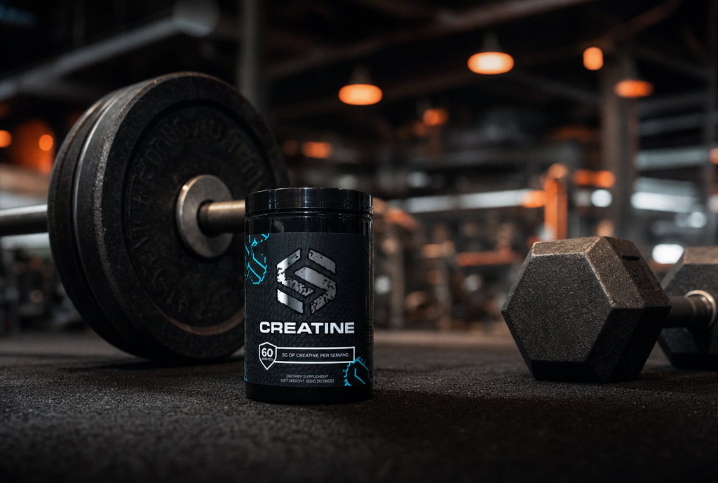 Tarro de creatina Stride junto a discos y mancuernas en un gimnasio