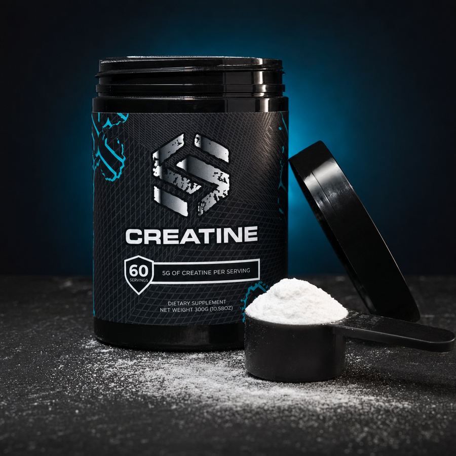 Tarro abierto de creatina Stride con scoop lleno de polvo blanco