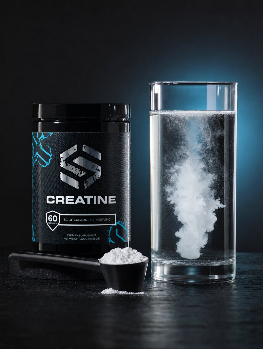 Creatina Stride disolviendose en un vaso de agua junto al tarro y el scoop