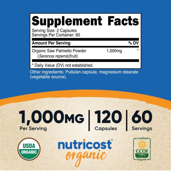 SAW PALMETTO 500 MG 120 CAP NUTRICOST - Imagen 2
